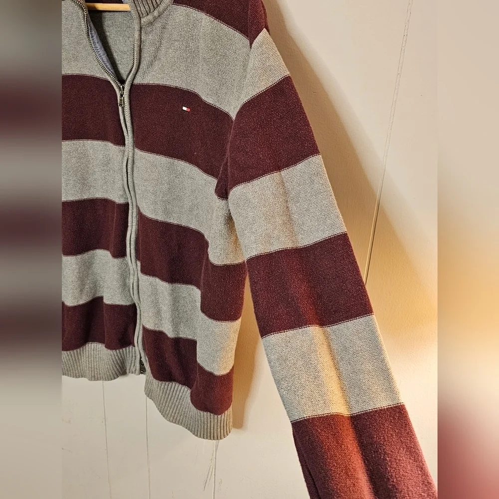 TOMMY HILFIGER Mens Gray/Burgundy Stand Collar Zip-Up Sweater, XL